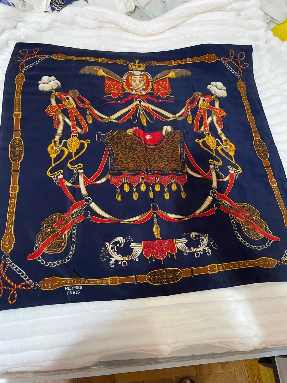 Hermès Navy Silk Scarf with Gold and Orange Harness Motif